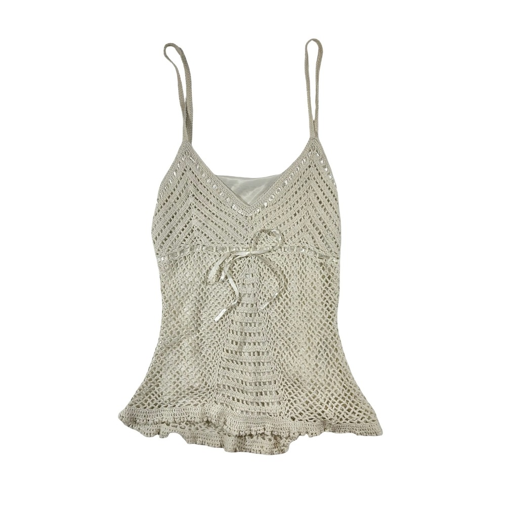 Y2K Crochet Camisole Ivory Boho Knit Ribbon Tie Tank Top Cream Festival S/M